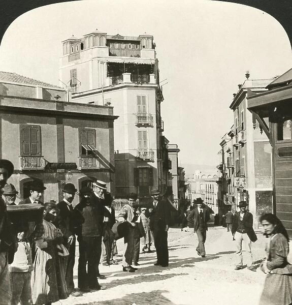 ITALY: SARDINIA, 1907. Street scene in the Piazza della Costituzione, Cagliari, Sardinia, Italy