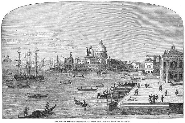 ITALY: VENICE, 1849. The Dogana and the Church of Santa Maria della Salute, from the harbour. Wood engraving, English, 1849, after a drawing by Viscount Maidstone