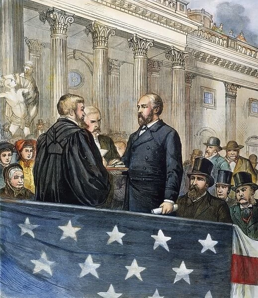 J. A. GARFIELD: INAUGURATION. The inauguration of James A. Garfield as the 20th President of the United States at Washingotn, D. C. on 4 March 1881: contemporary colored engraving