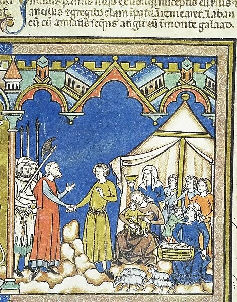 JACOB & LABAN. Jacobs covenant with Laban (Genesis 31: 43-48). French manuscript illumination