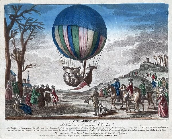 Jacques Alexandre Cesar Charles departing Nesle, France, after the landing of the first hydrogen balloon flight from Paris on 1 December 1783. On the ground at left, Marie-Noel Robert takes statements of the witnesses. Hand-colored etching, French, 1783