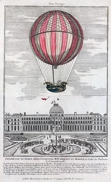 Jacques Alexandre Cesar Charles and Marie-Noel Robert riding the gondola of a balloon ascending from the Tuilieries Garden in Paris, France, in the first flight of a hydrogen-filled balloon, 1 December 1783. Hand-colored etching, French, 1783