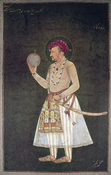 JAHANGIR (1569-1627). Mughal emperor of India, holding a globe. Painting by Bichitr