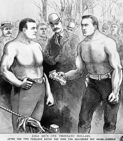 Jake Kilrain of Baltimore (right) bets one-thousand dollars on himself against John L. Sullivan to win their fight 8 July 1889, Sullivans last bare-knuckle fight. Contemporary engraving from the Police Gazette