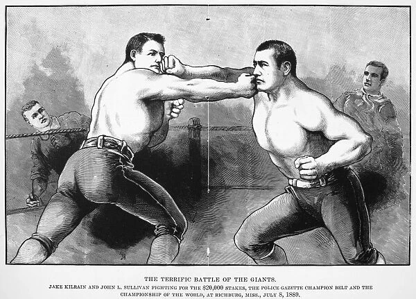 Jake Kilrain (left) and John L. Sullivan in the 75-round contest (8 July 1889) at Richburg, Mississippi, won by Sullivan in his last bare-knuckle fight. Contemporary engraving from the Police Gazette