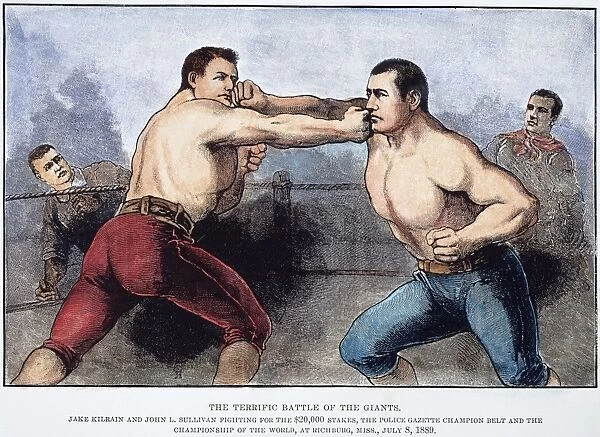 Jake Kilrain (left) and John L. Sullivan in the 75-round contest (8 July 1889) at Richburg, Mississippi, won by Sullivan in his last bare-knuckle fight: contemporary engraving from the Police Gazette