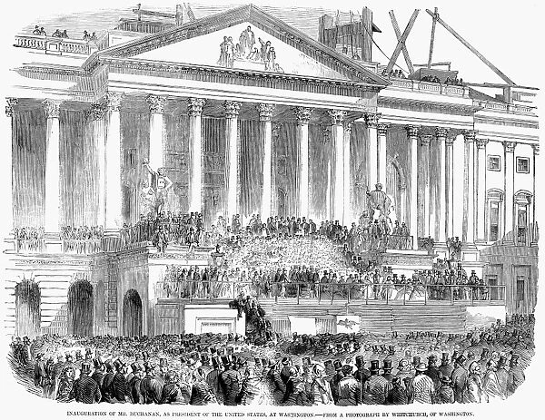 JAMES BUCHANAN, 1857. The Inauguration of James Buchanan as 15th President of the United States on 4 March 1857 at Washington, D. C. Wood engraving from a contemporary newspaper