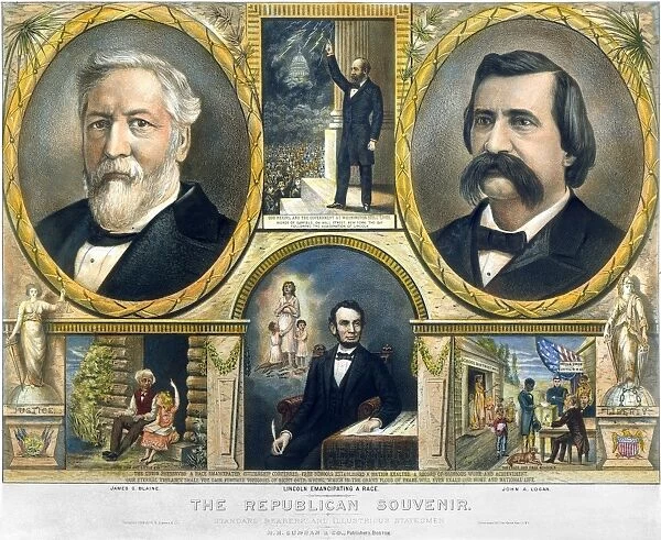 James G. Blaine and John A. Logan as the presidential and vice presidential candidates on a Republican party lithograph campaign poster of 1884