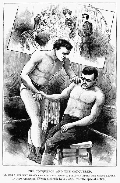 James J. ( Gentleman Jim ) Corbett shakes hands with John J. Sullivan after their championship fight in New Orleans, 7 September 1892. Line engraving from the Police Gazette