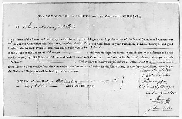 James Madisons commission as a colonel in the Virginia militia, signed by Governor Edmund Pendleton, 1775