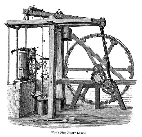 James Watts (1736-1819) first rotary steam engine. Wood engraving, 19th century