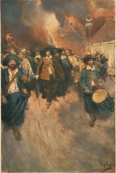 JAMESTOWN: N. BACON, 1676. Nathaniel Bacon (center) and his followers at the burning of Jamestown