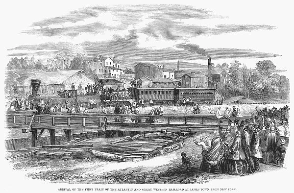 JAMESTOWN: TRAIN, 1860. The arrivial of the first train of the Atlantic and Great Western Railroad at Jamestown, New York, from New York City, 1860. Wood engraving from a contemporary English newspaper