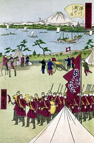 JAPAN: ETCHU, c1870. Imperial soldiers training on the island of Etchu off the Fukagawa district, Tokyo, Japan. Woodblock print by Ando Hiroshige II or III, c1870