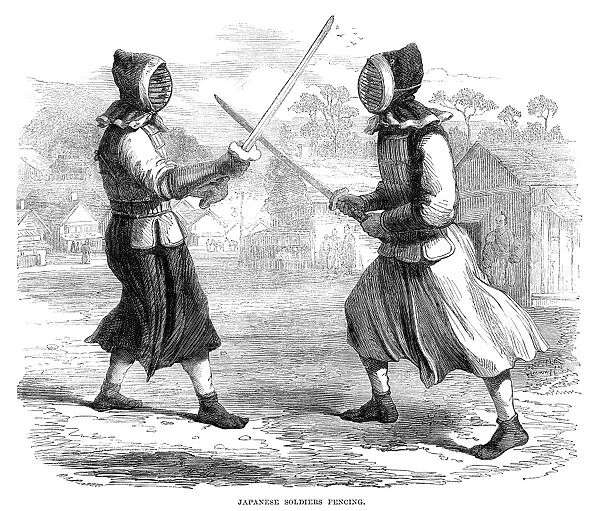 JAPAN: FENCING, 1864. Japanese Soldiers Fencing. Wood engraving, English, 1864