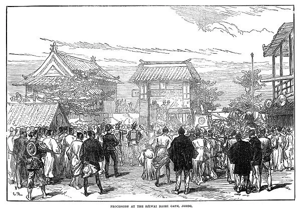 JAPAN: FIRST RAILWAY, 1872. Procession at the Saiwaibashi Gate in Tokyo, Japan
