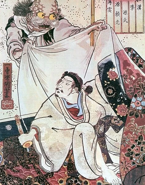 JAPAN: GHOST. Japanese woodcut showing a hostile spirit plaguing a human. Woodcut