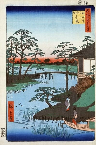 JAPAN: INLET, 1857. Two women approaching a temple building on the Uchigawa Inlet in Tokyo, Japan, next to the Gozensaihata gardens. Woodblock print by Ando Hiroshige, 1857