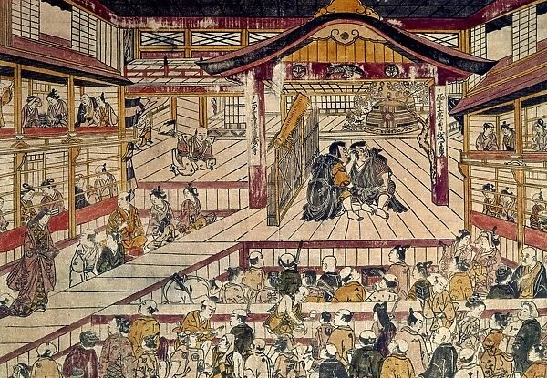 JAPAN: KABUKI THEATER. Drama about a vendetta. Wood block print, early 18th century, by Okumura Masanobu
