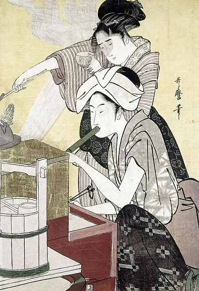 JAPAN: KITCHEN, c1775. Woman blowing on a kitchen fire. Woodblock print, late 18th century