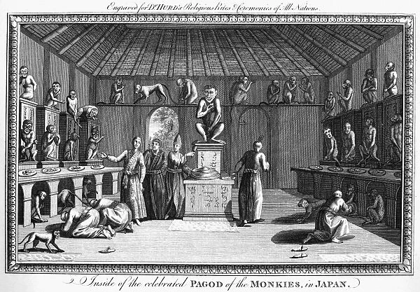 JAPAN: MONKEY WORSHIP. Inside of the celebrated Pagod of the Monkies, in Japan. Line engraving, English, late 18th century