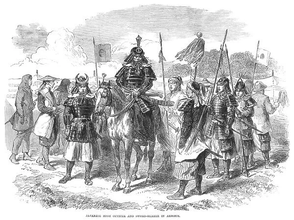 JAPAN: OFFICER, 1867. A high officer in the Japanese army with sword-bearers in armor. Wood engraving, English, 1867