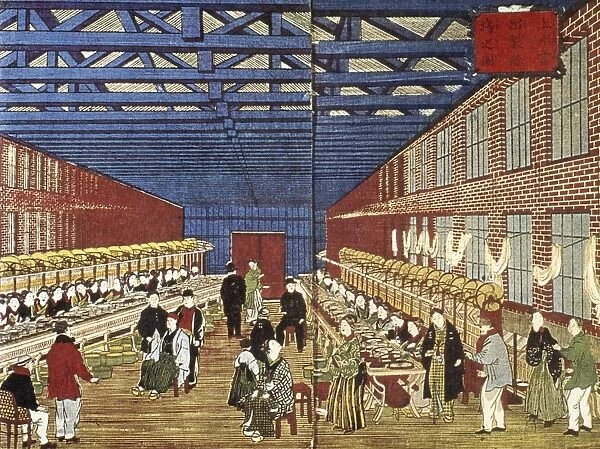 JAPAN: SILK FACTORY. Silk reeling factory with women workers in Tomioka, Japan