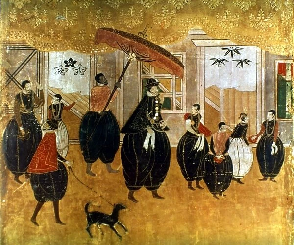 JAPAN: ST. FRANCIS XAVIER. Arrival of St. Francis Xavier in Japan, 1549. Detail of Japanese painted paper screen, 16th century
