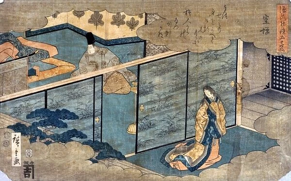 JAPAN: TALE OF GENJI. An elaborately dressed Japanese woman and man separated by a screen, in a a scene from Murasaki Shikibu's Tale of Genji. Woodcut by Hiroshige Ando, c1852