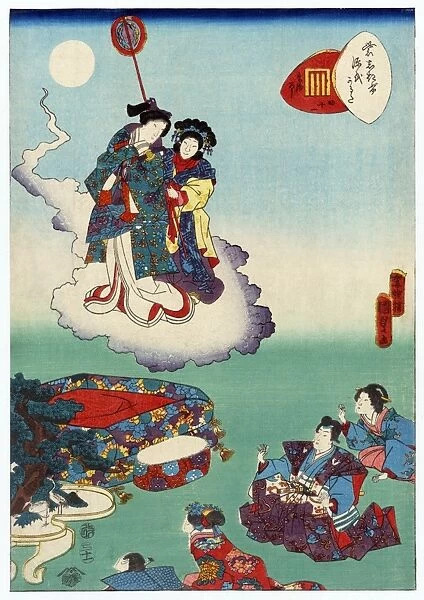 JAPAN: TALE OF GENJI. Two men and two women sitting on the ground stare in disbelief at a wizard with an attendant floating on a cloud. Scene from Murasaki Shikibus Tale of Genji. Woodcut by Utagawa Kunisada II, 1857