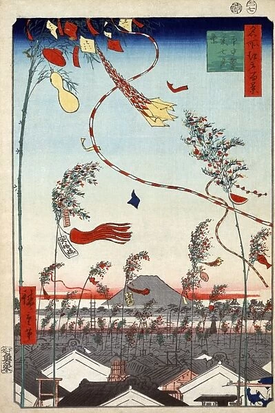 JAPAN: TANABATA FESTIVAL. Bamboo decorated with paper streamers and cutouts above the rooftops of Tokyo during the Tanabata festival. Color woodcut by Hiroshige Ando, 1857