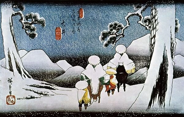 JAPAN: TRAVELERS, c1840. Travelers in the Snow at Oi: Japanese Oban print by Hiroshige
