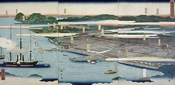 JAPAN: YOKOHAMA, 1861. View of the harbor at Yokohama. Woodblock print, 1861, by Ando Hiroshige