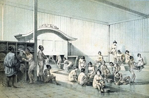 JAPANESE BATH, 1856. Public bath at Simoda, Japan: lithograph from Commodore Matthew