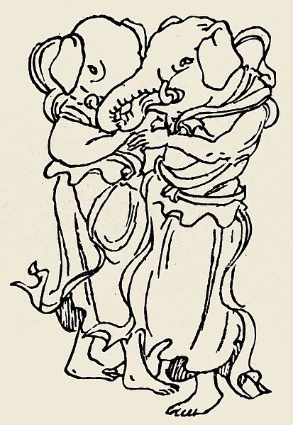 Japanese Buddhist deities, adapted from the Hindu deity, Ganesh. Deities of marital happiness and good fortune. Line drawing
