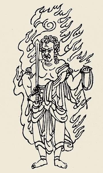 Japanese Buddhist divinity of wisdom and fire, also known as Acala. Line drawing