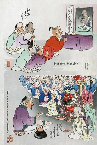 A Japanese cartoon comprising two illustrations depicting Chinese religious practices, the bottom one probably showing Raijin, the Japanese God of Thunder, seated in front. Woodcut in colors by Kiyochika Kobayashi, 1895