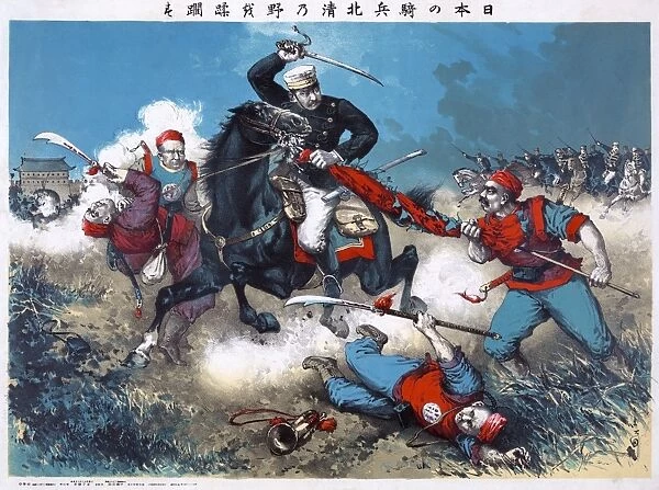 The Japanese cavalry advancing through fields toward a walled city in China. Color lithograph by Ishimatsu Nakajima, 1900