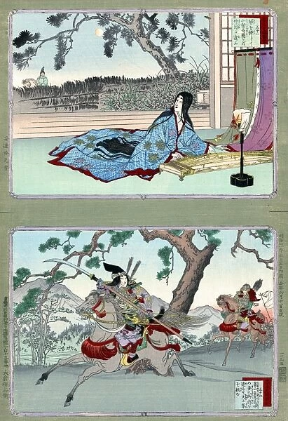 Japanese female samurai warrior. Tomoe Gozen (bottom panel) with another warrior, possibly Yoshinaka, on horseback. Top panel shows Kogo no Tsubone, a mistress of Emperor Takakura, playing a biwa, while Nakakuni, a messenger on horseback looks on. Woodblock print attributed to Adashi Ginko, c1888