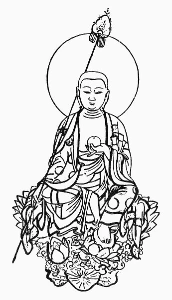 Japanese form of the Bodhisattva Ksitigarbha, guardian of the soul. Line engraving