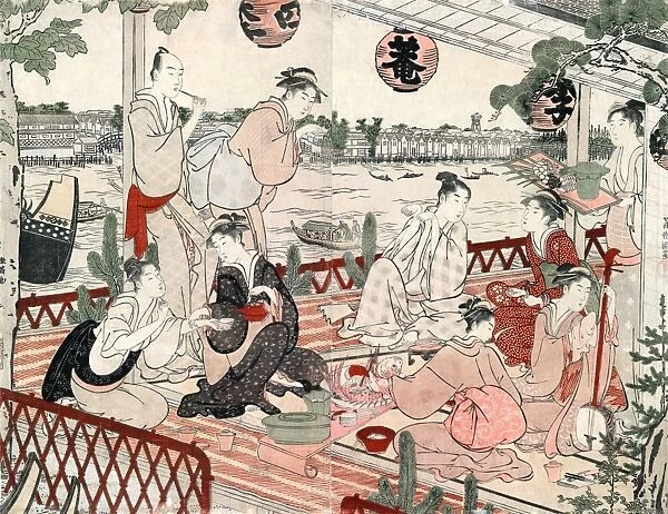 Japanese geishas serving and entertaining men in the Shikian restaurant along the Sumida River in the Nakazu district, Edo (now Tokyo), Japan. The couple at right is playing a hand game called trap the fox. Woodcut diptych by Kubo Shumman, c1786
