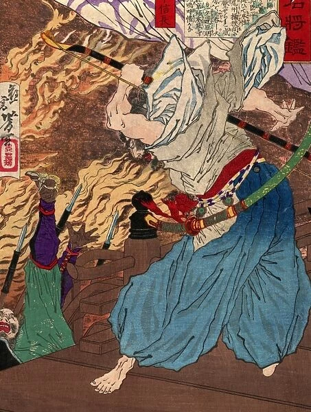 Japanese general and statesman of the Taira clan. Nobunaga fighting another warrior, whom he knocks off a building into a raging fire. Woodblock print by Yoshitoshi Taiso, c1885