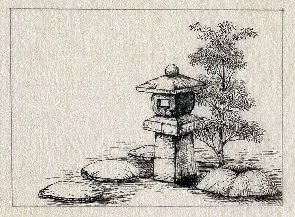 Japanese ornamental stone lantern post in a garden setting, next to a tall bush and small stones. Pen and ink drawing, c1878, possibly by Kano
