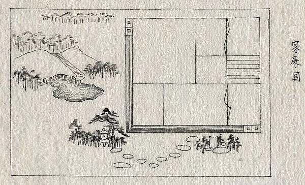 Japanese plan of a house and garden. Pen and ink drawing, c1878, possibly by Kano