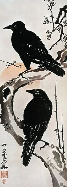 JAPANESE PRINT: CROW. Two Crows on a Flowering Plum in Winter. Japanese Kakemono-e color print, 1870, by Kyosai