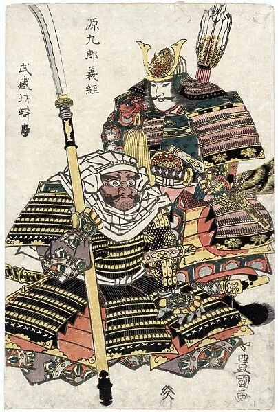 Japanese samurai warrior, Genkuro Yoshitsune and warrior monk, Saito Musashibo Benkei. Woodblock print by Toyokuni Utagawa, early 19th century