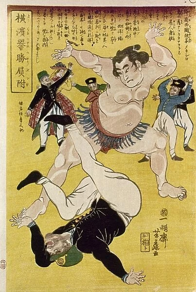 A Japanese sumo wrestler defeats a foreign opponent in Yokohama. Woodblock print, 1861, by Ipposai Hoto