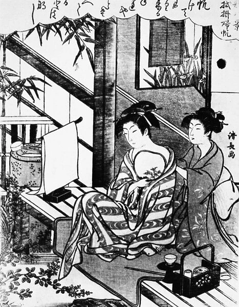 Japanese woman receiving a massage. Woodblock print, 16th century, by Kiyonaga