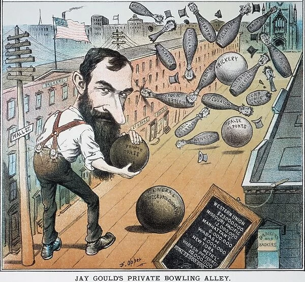 JAY GOULD CARTOON, 1882. An 1882 cartoon by Frederick Burr Opper of Wall Street as Jay Goulds private bowling alley