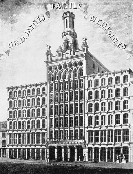 The Jayne building, the first skyscraper in Philadelphia, Pennsylvania, designed in 1849 by William Johnston for Dr. David Jayne, a patent medicine manufacturer. Lithograph, American, c1849